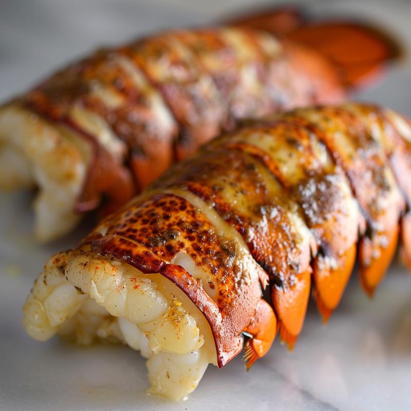 Close-up of baked lobster tail on white marble.