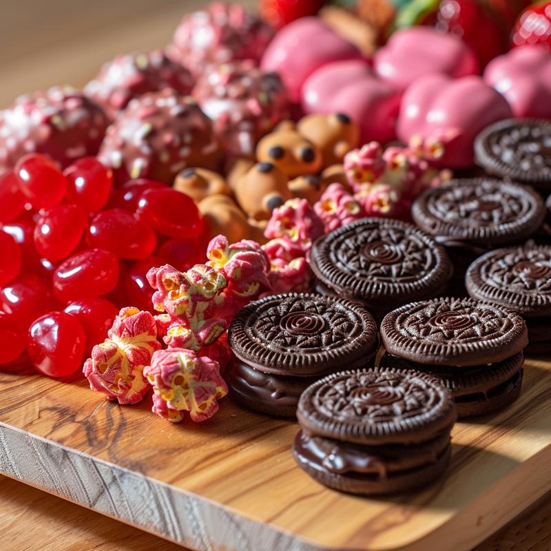 Close-up of a Valentine's dessert charcuterie board with chocolates, candy, and strawberries.