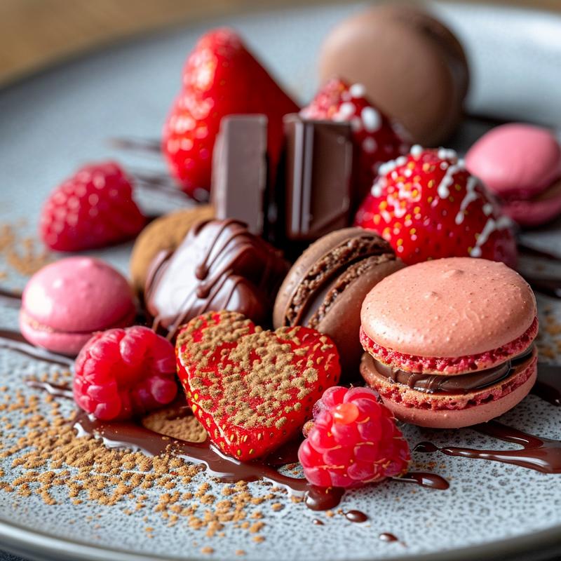 Close-up of a Valentine's Day dessert charcuterie board with chocolate-covered strawberries, cookies, macarons, truffles, and raspberries.