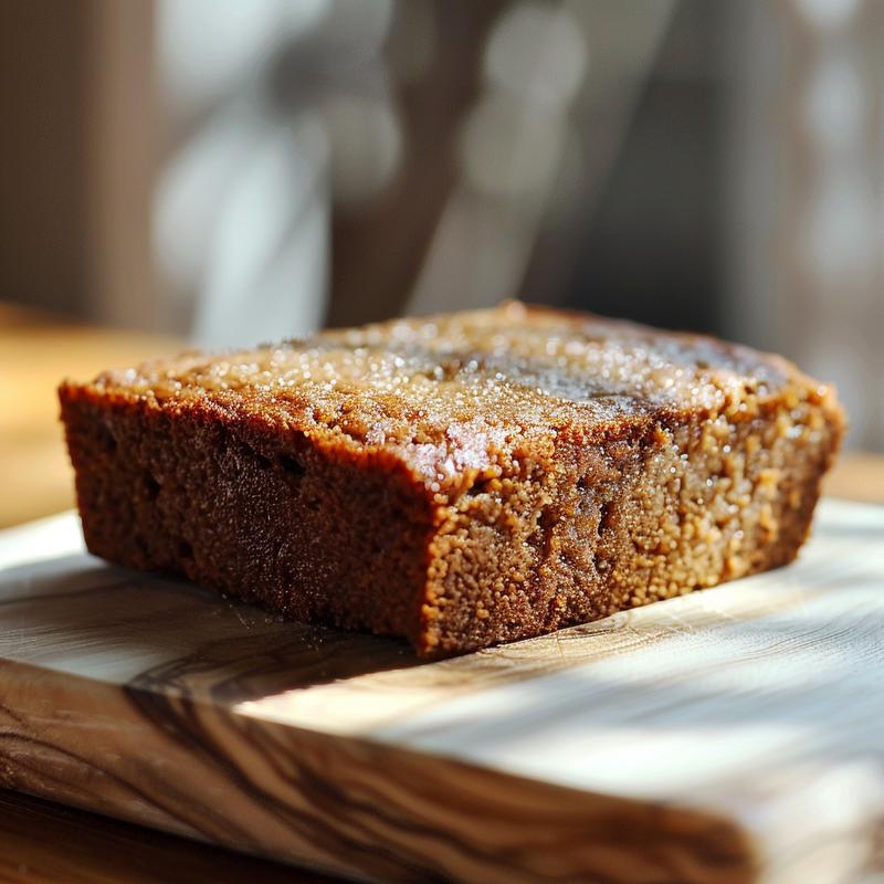 Close-up of a moist slice of vegan gluten-free banana bread on a wooden board.