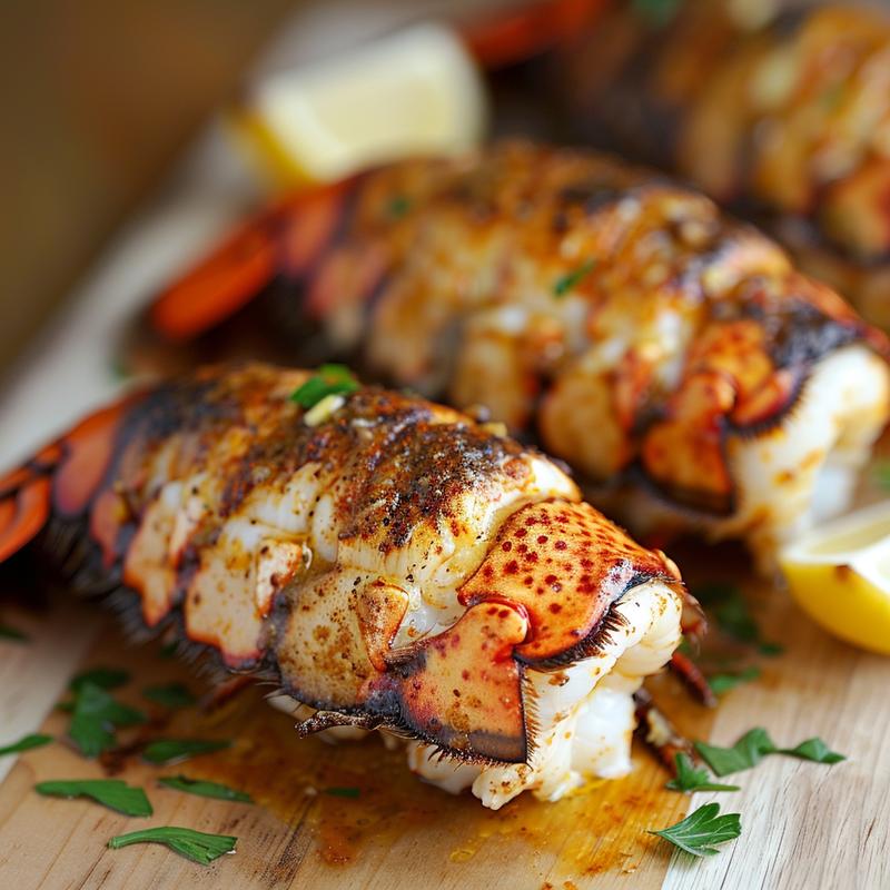 Close-up of baked lobster tail on light wood.