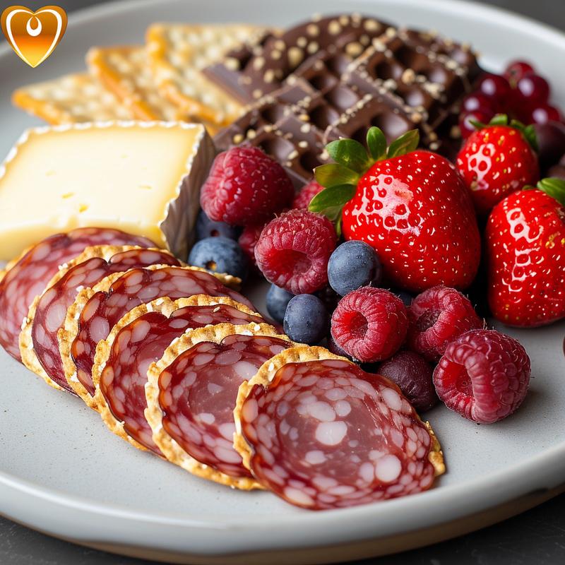 Close-up of a Valentine's Day charcuterie board featuring cheese, meats, berries, and chocolate pretzels.