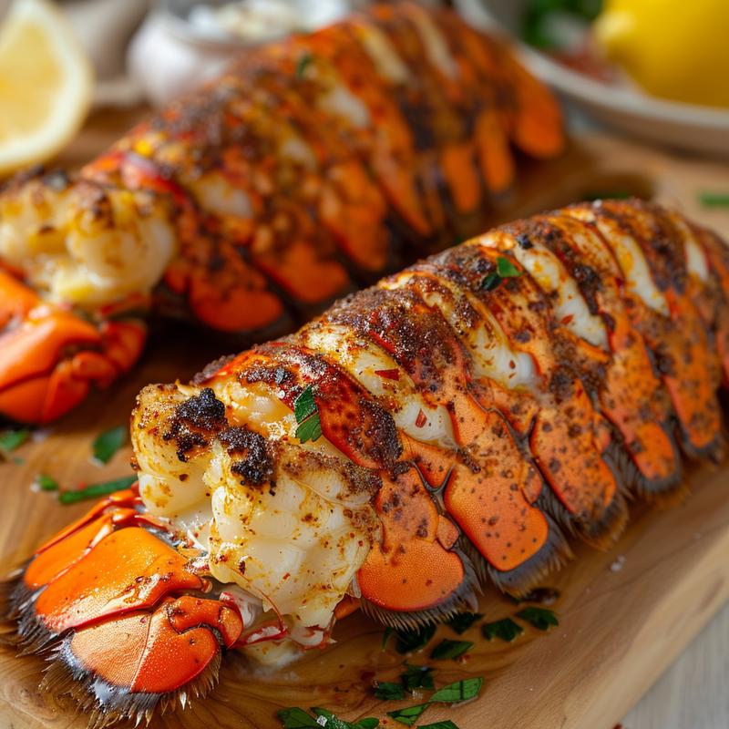 Close-up of air-fried lobster tail with seasonings on a wooden board.