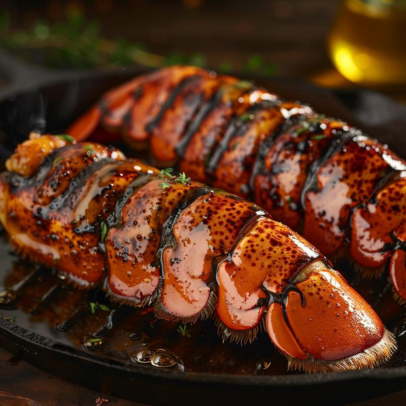 Four grilled lobster tails on a dark surface with butter.