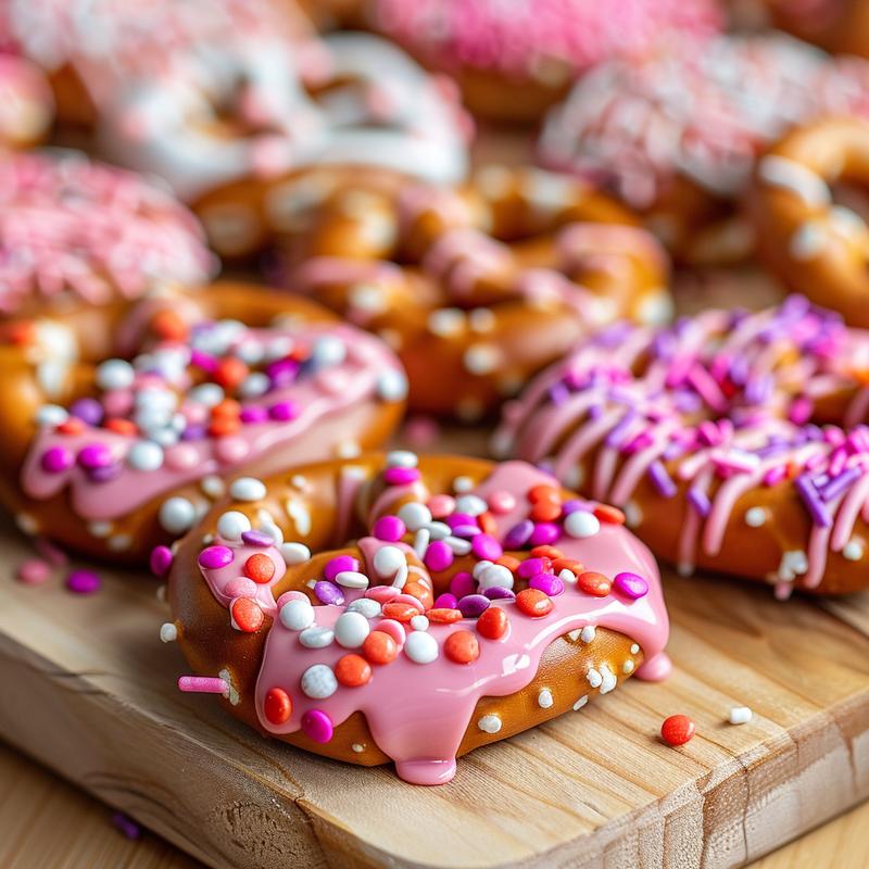 Close-up of Valentine's Day pretzels on a light wood board.