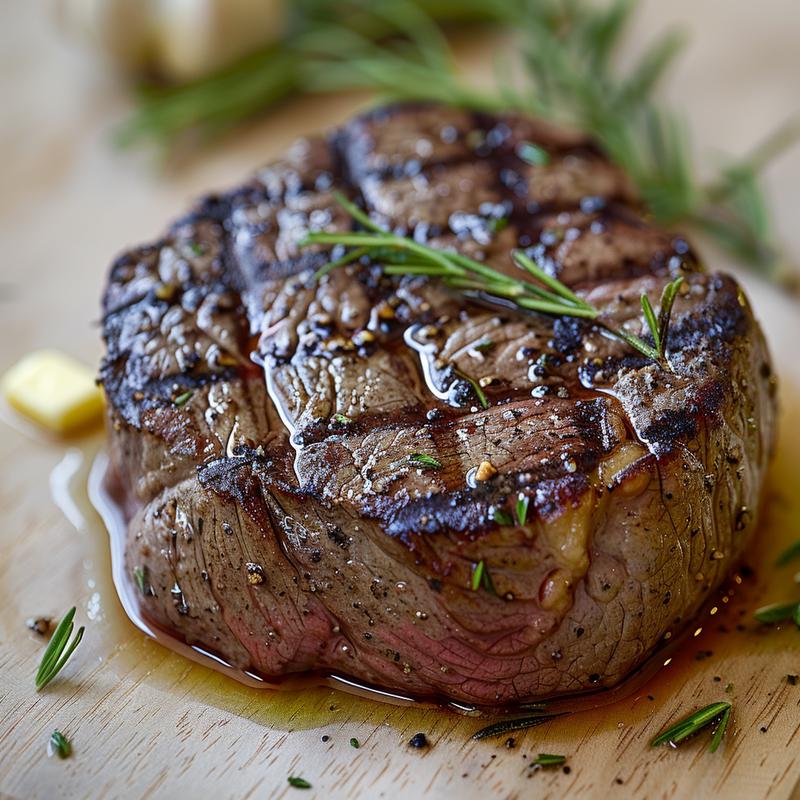 Close-up of a perfectly cooked filet mignon steak on a light wood board.