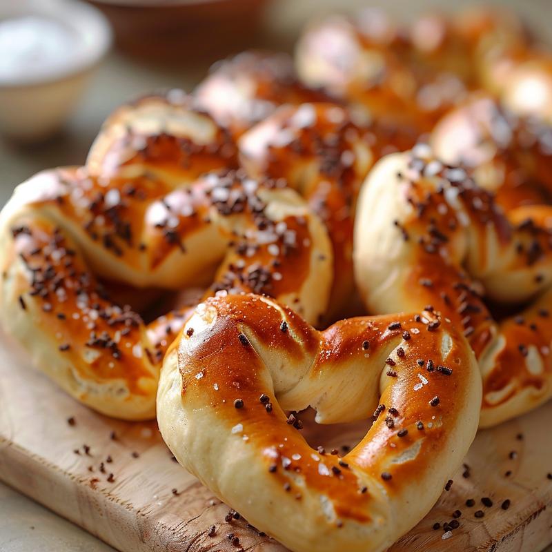 Close-up of heart-shaped pretzels on a light wood board.