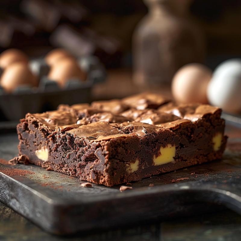Close-up of glossy, dark chocolate brownies on a cast iron surface.