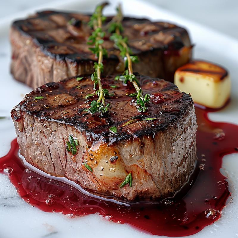 Close-up of seared filet mignon with red wine sauce on white marble.