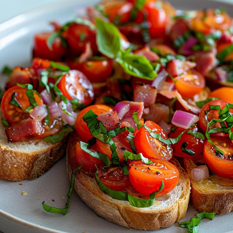 Close-up of tomato and bacon bruschetta on a gray plate.