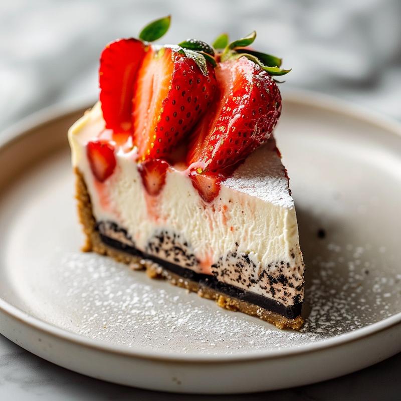 Close-up of Oreo cheesecake stuffed strawberry on a grey plate.