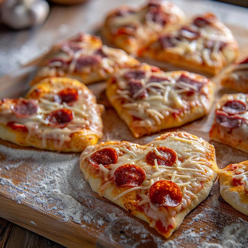 Close-up of a heart-shaped pizza with pepperoni and cheese on a wooden board.