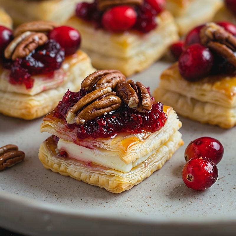 Close-up of cranberry brie bites on a gray plate.