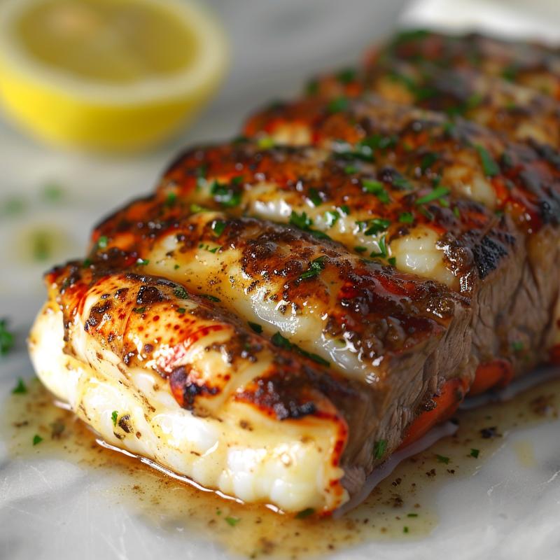 Close-up of surf and turf with lobster tail and steak on marble.