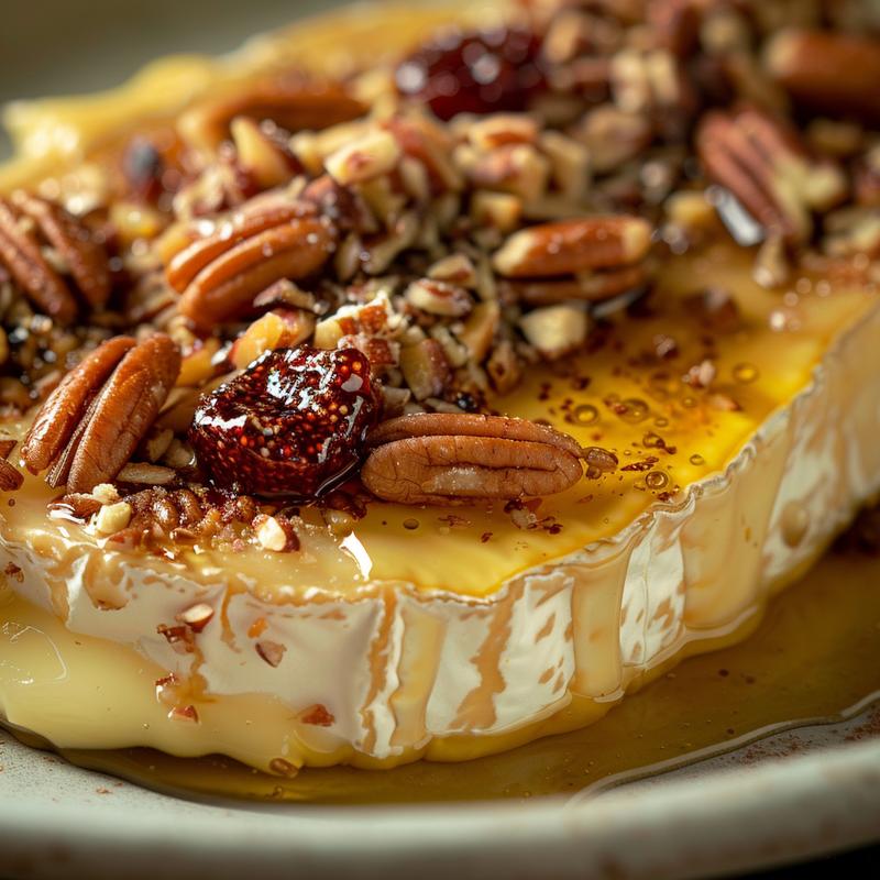Close-up of a baked brie charcuterie board featuring brie, jam, nuts, and honey on a grey plate.