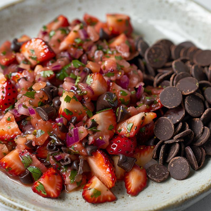 Close-up of strawberry salsa with chocolate chips on a gray plate.