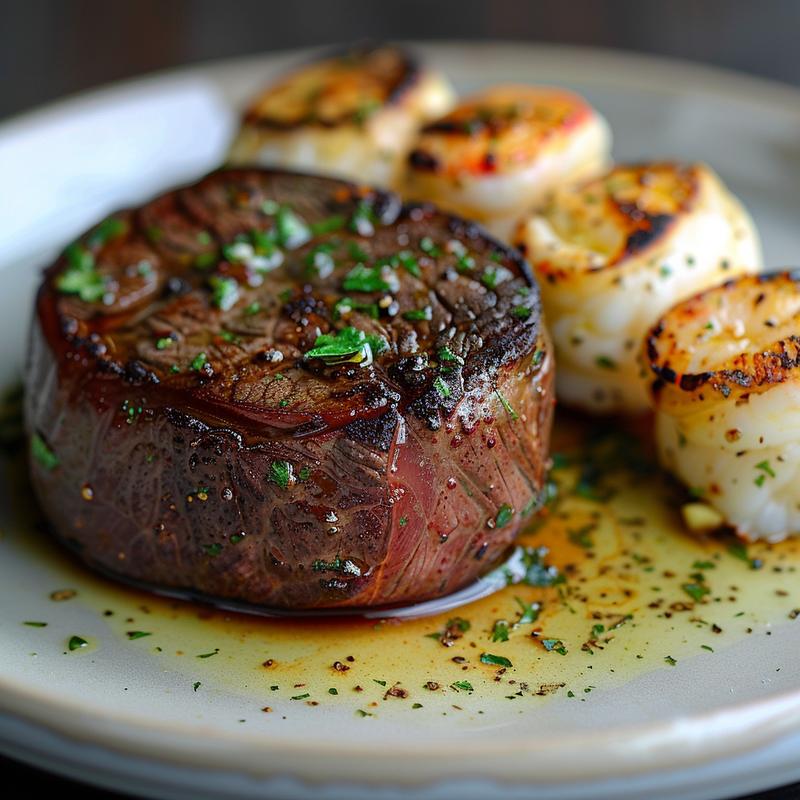 Close-up of surf and turf on a light grey plate.