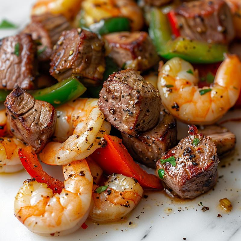 Close-up of colorful surf and turf in foil packets.