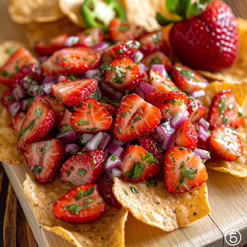 Close-up of vibrant strawberry salsa with chocolate chips on wood.