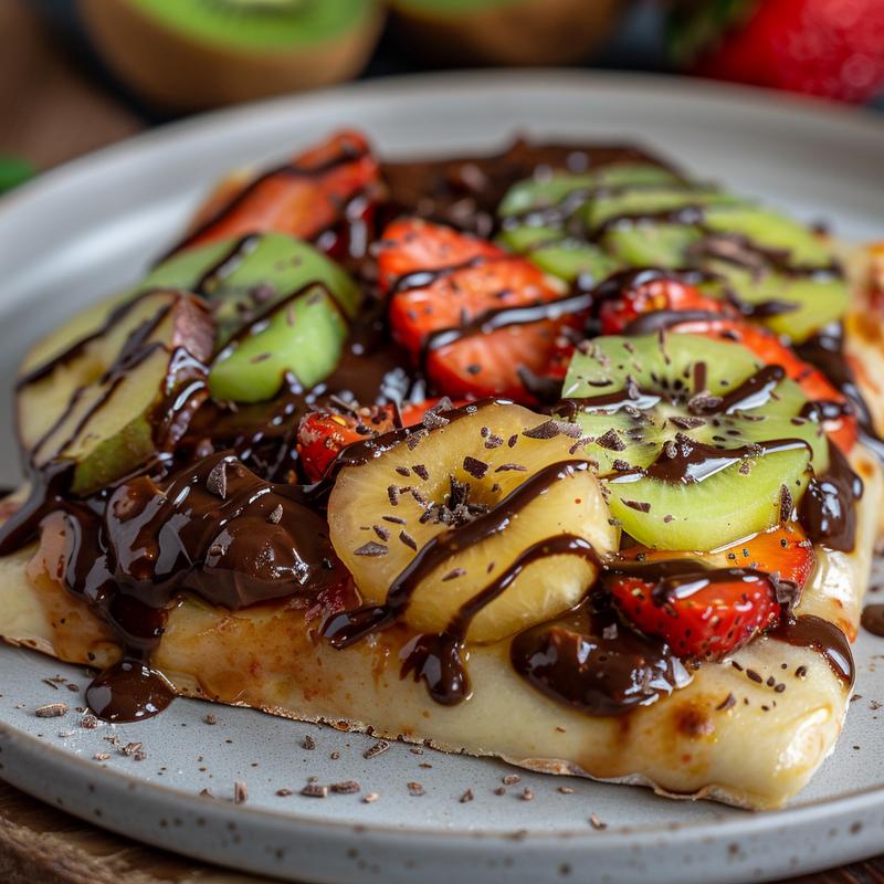Close-up of a DIY pizza with visible dough, sauce, toppings, and chocolate spread on a light grey ceramic plate.