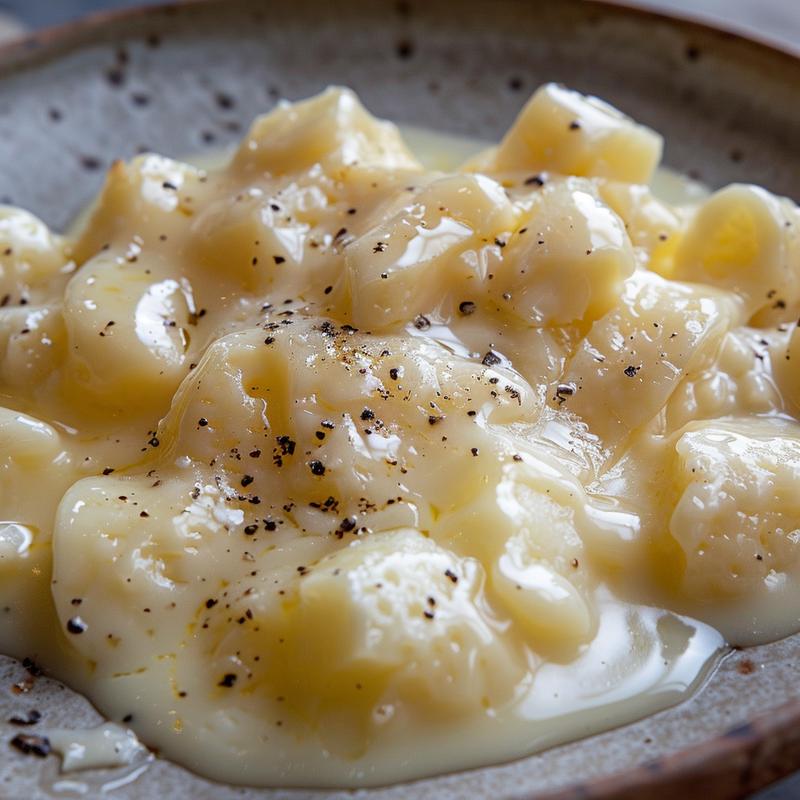 Close-up of melted cheese fondue on a light grey plate.