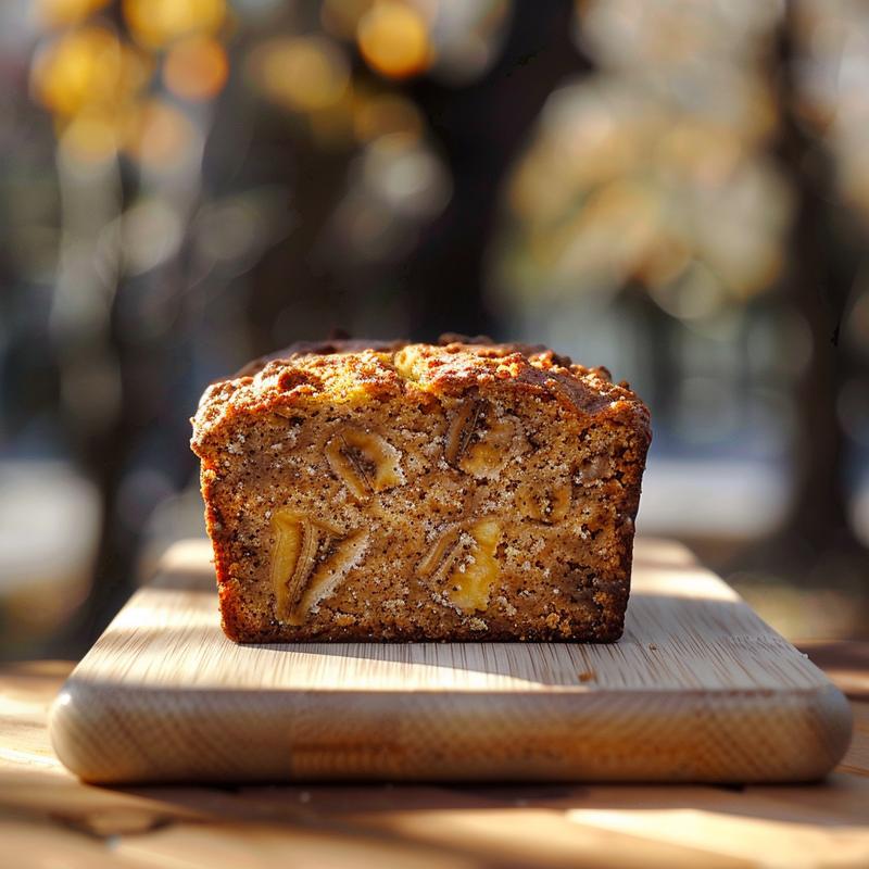 A close-up of a slice of diabetic banana bread on a light wood board, showcasing its texture.