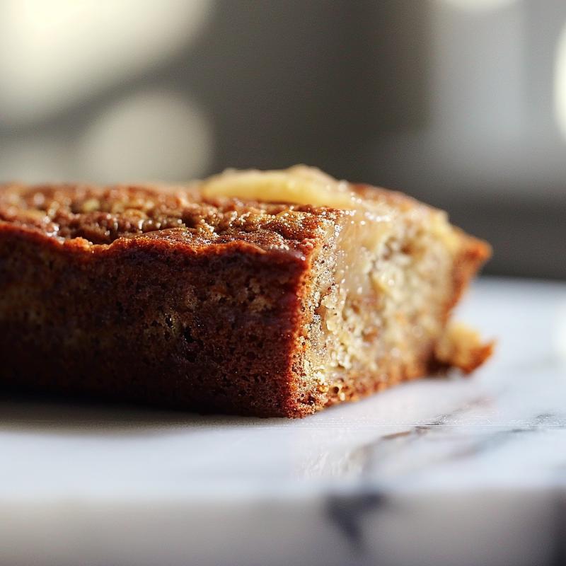 Extreme close-up of a slice of healthy banana bread with applesauce on a white marble surface.