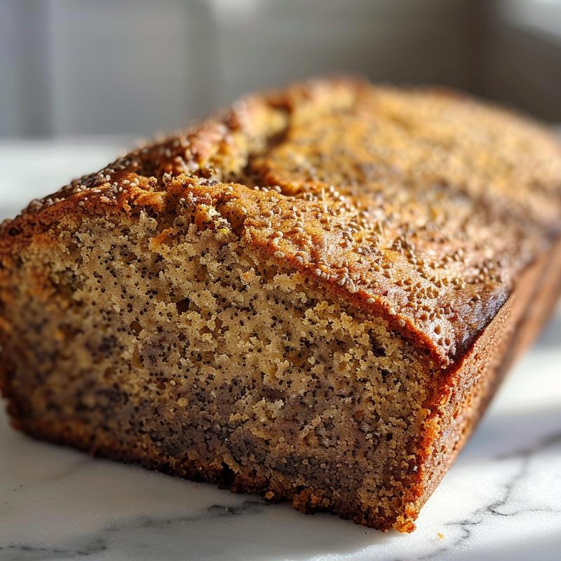Close-up of a slice of gluten-free banana bread on a white marble surface.