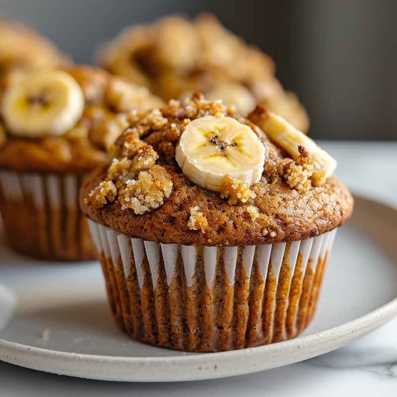 Close-up of a sugar-free banana muffin on a light grey ceramic plate.