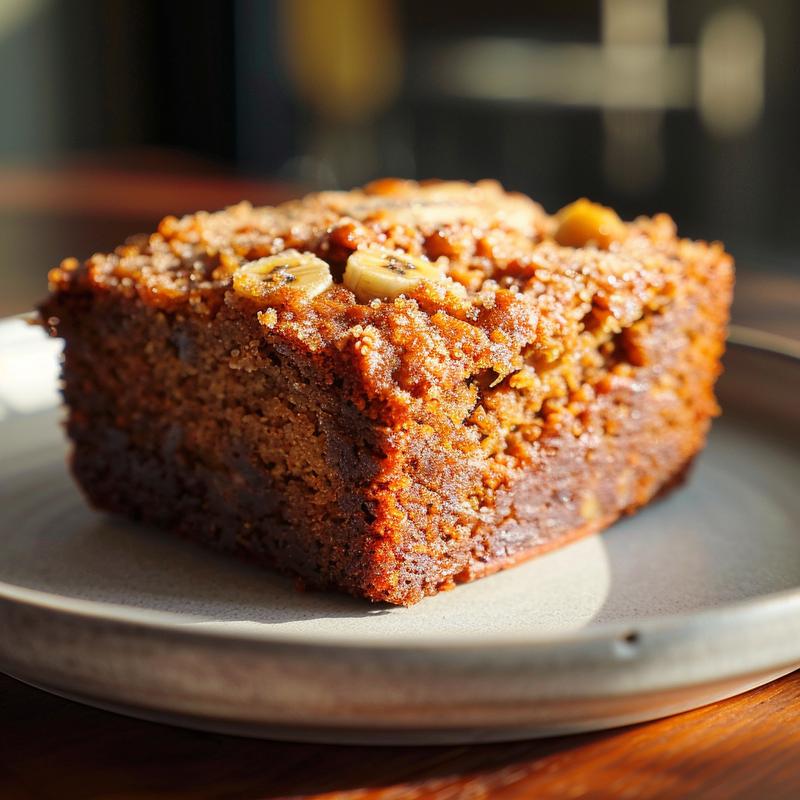 Close-up of a slice of vegan gluten-free banana bread on a light grey ceramic plate.