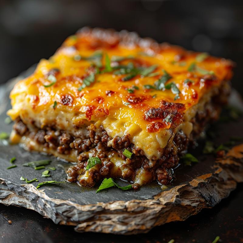 Close-up view of a cheesy ground beef casserole served on a rustic slate plate, showcasing rich textures and a warm, inviting appearance.