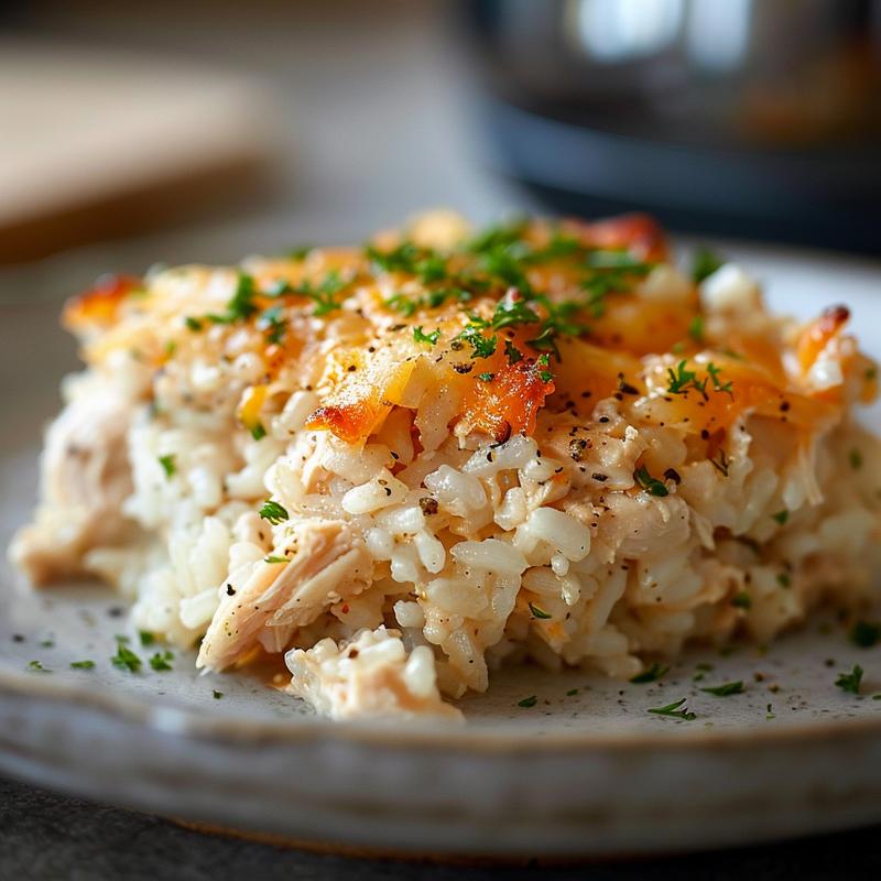 Close-up view of a portion of chicken and rice casserole on a light grey ceramic plate.