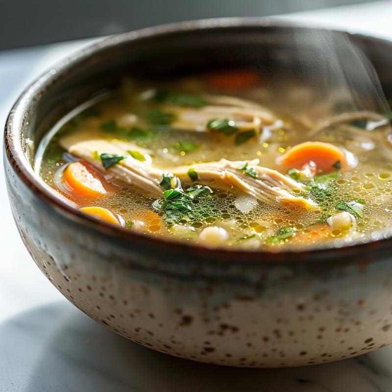 Close-up of a bowl of steaming chicken soup on a white marble surface.