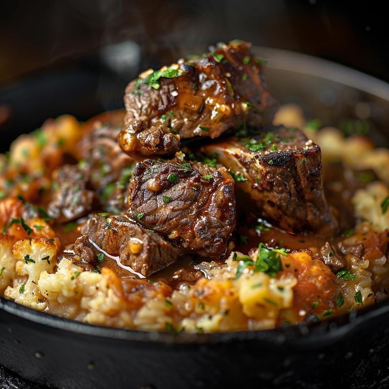 A close-up of a beef and cauliflower rice casserole in a rustic cast iron dish, showcasing rich textures and colors.