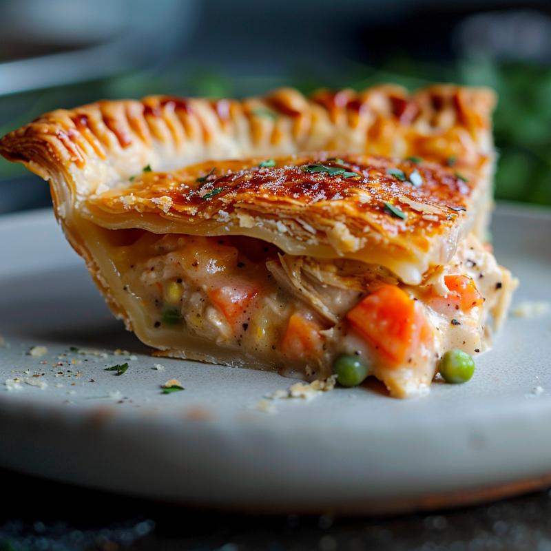 Close-up of a slice of chicken pot pie on a grey plate, showcasing flaky crust and filling.
