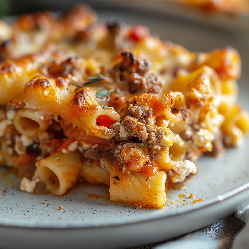 Close-up of a creamy ricotta pasta bake served on a light grey ceramic plate.