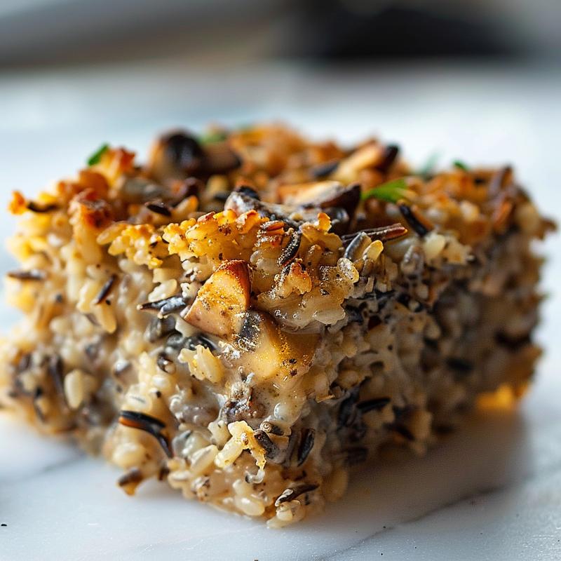 A close-up view of a savory mushroom and wild rice casserole on a white marble surface, showing rich textures and colors.