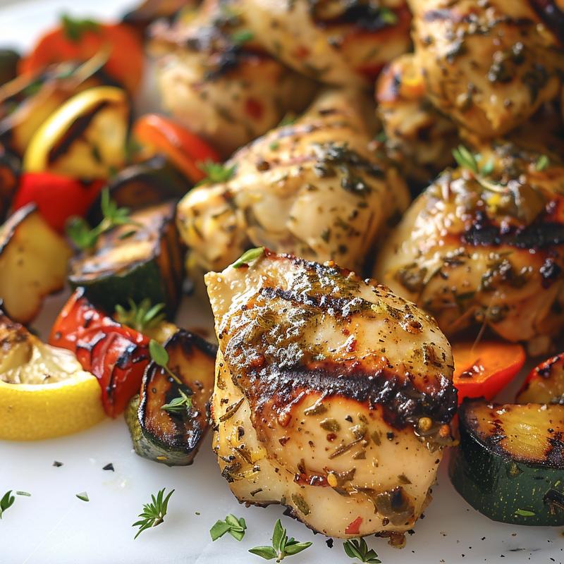 Close-up of grilled lemon herb chicken with colorful roasted vegetables on a marble surface.
