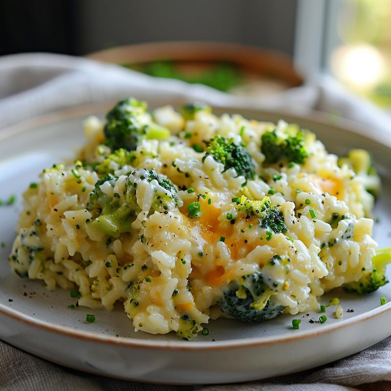 Close-up of velveeta broccoli rice casserole on a light grey ceramic plate.