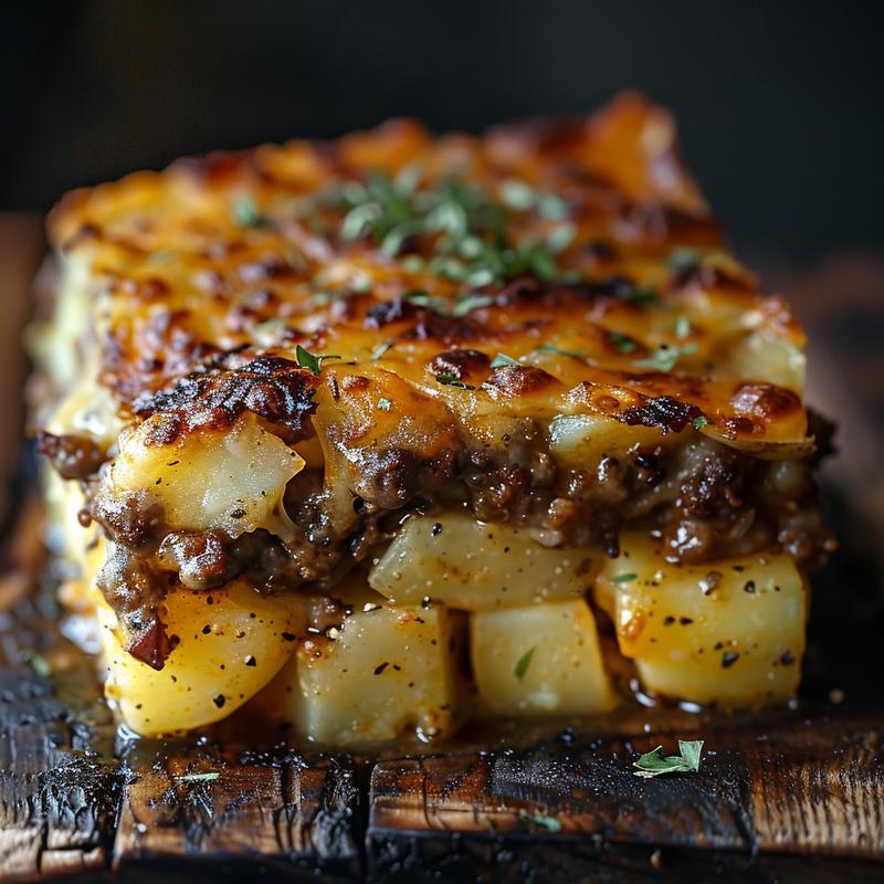 Close-up of a rich hamburger potato casserole in a rustic setting, showcasing its creamy texture and golden-brown top.