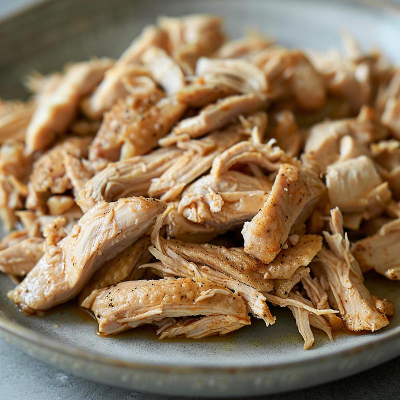 Close-up of tender, shredded chicken on a light grey ceramic plate with soft shadows.