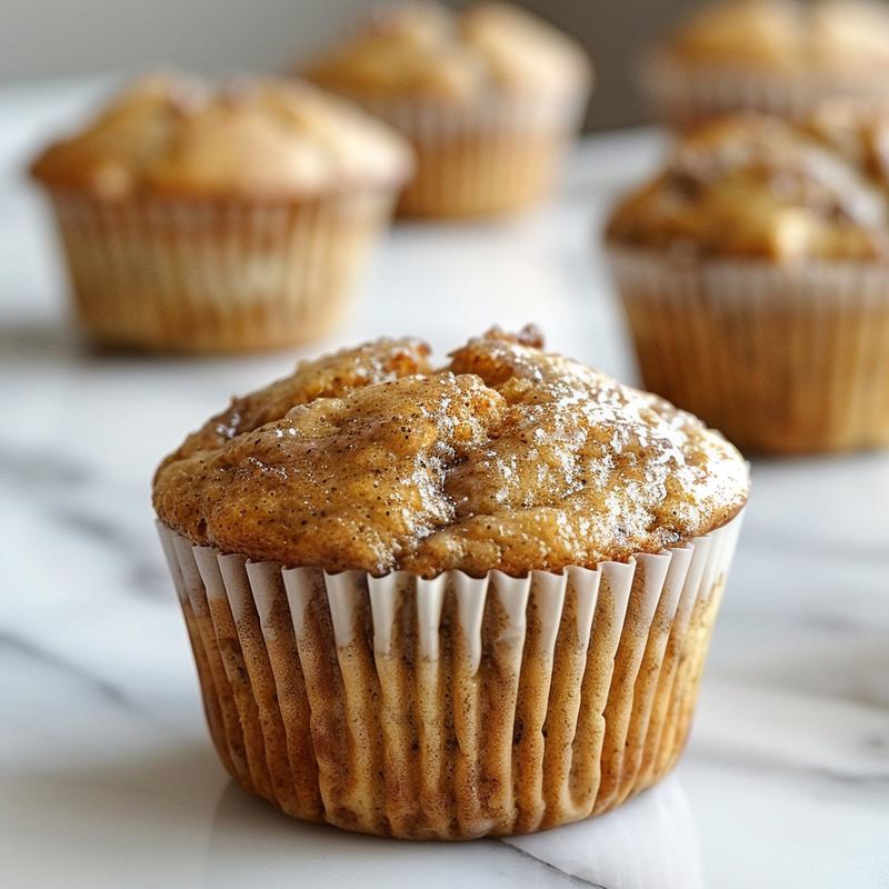 Close-up view of gluten-free banana muffins on a white marble surface.