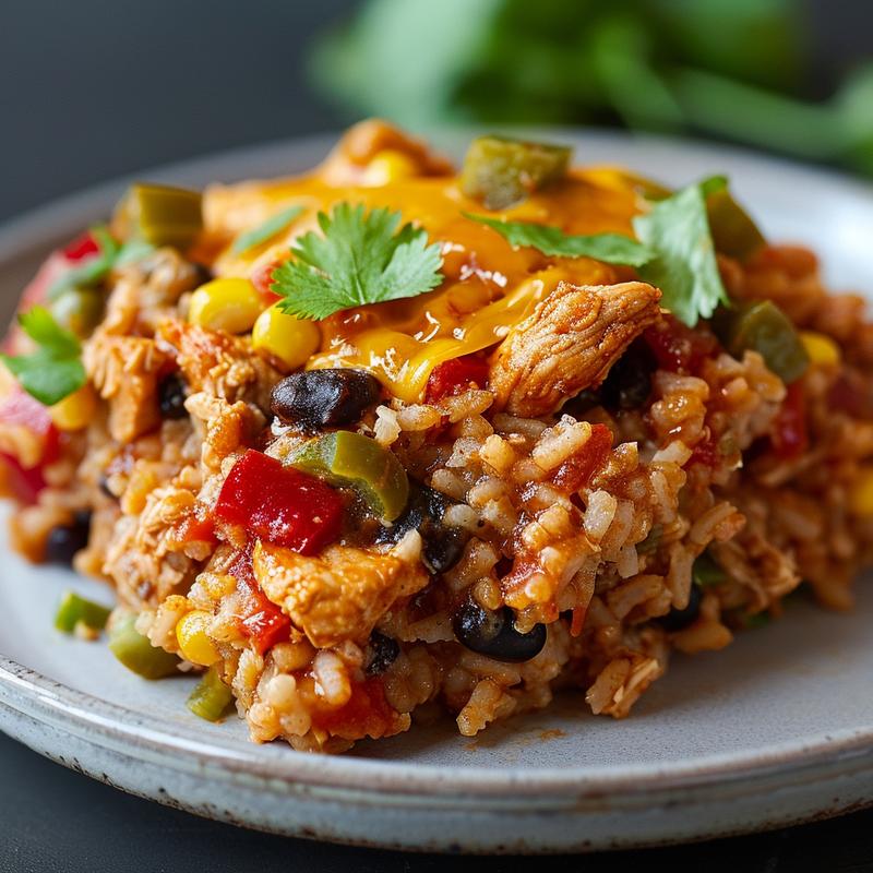 Close-up of a chicken taco rice casserole on a light grey plate, highlighting its texture and colors.