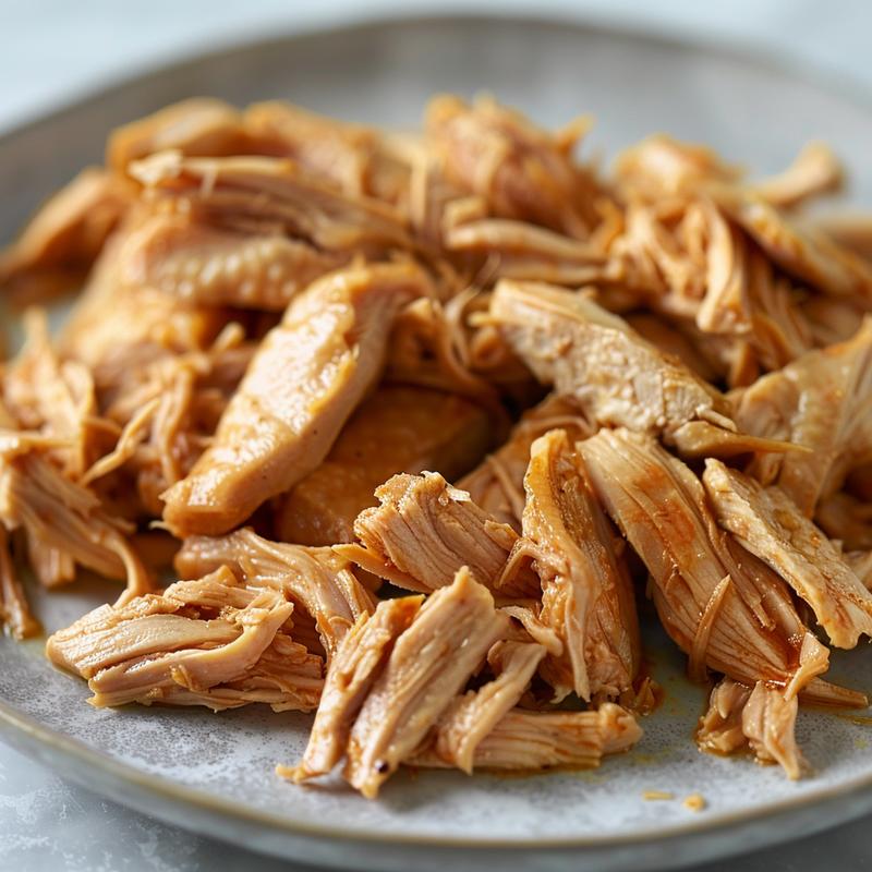Close-up of tender, shredded chicken on a light grey ceramic plate.