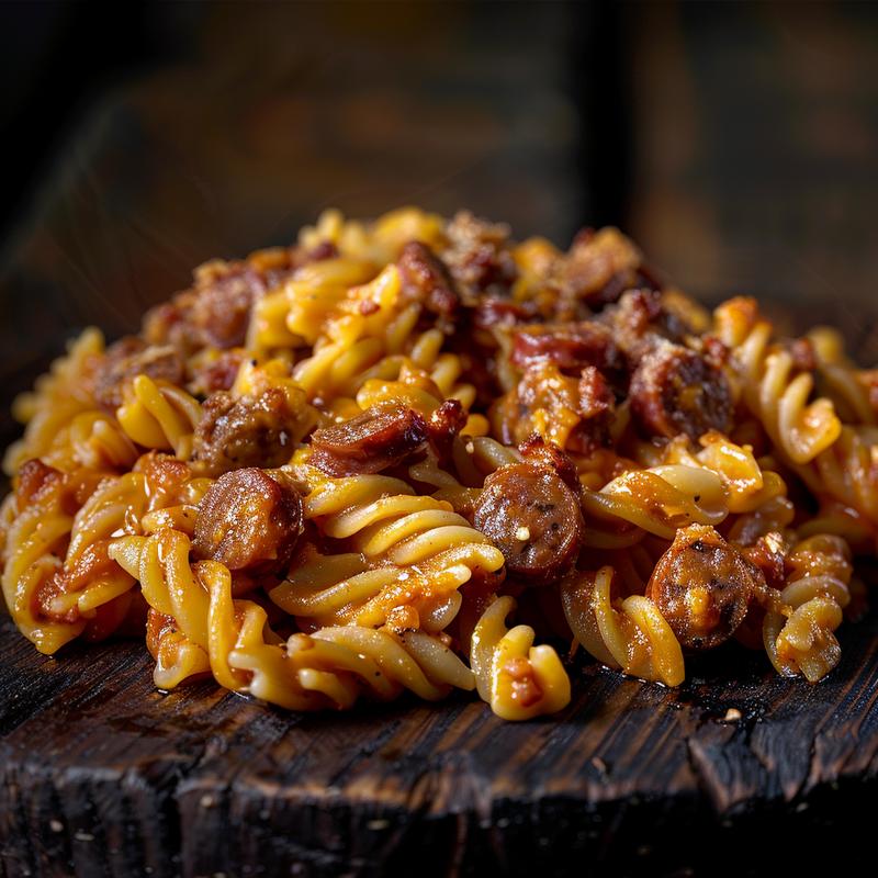 Close-up of a creamy pasta bake with sausage on a rustic wooden table.