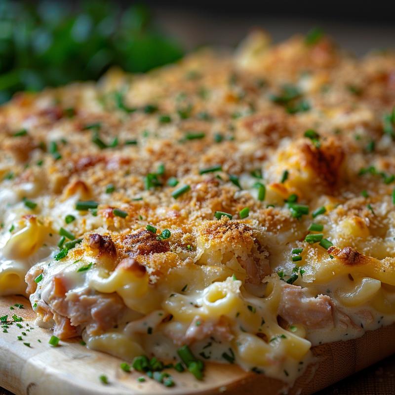 Close-up of a creamy tuna casserole served on a light wood board, showcasing its texture and ingredients.