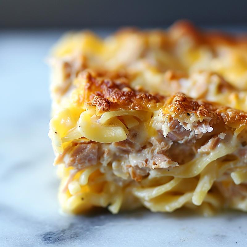 A close-up of a creamy tuna casserole with egg noodles in a white bowl on a marble surface.