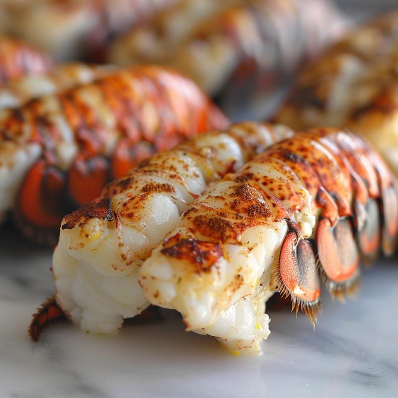 Close-up of baked lobster tail on white marble.