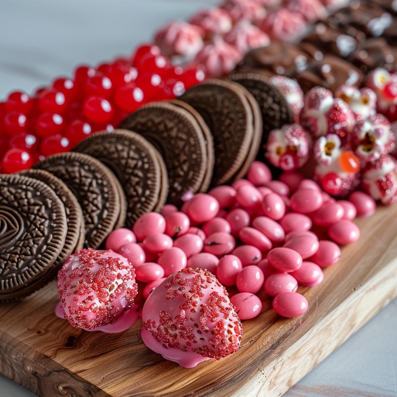 Close-up of a Valentine's dessert charcuterie board with chocolates, candy, and strawberries.