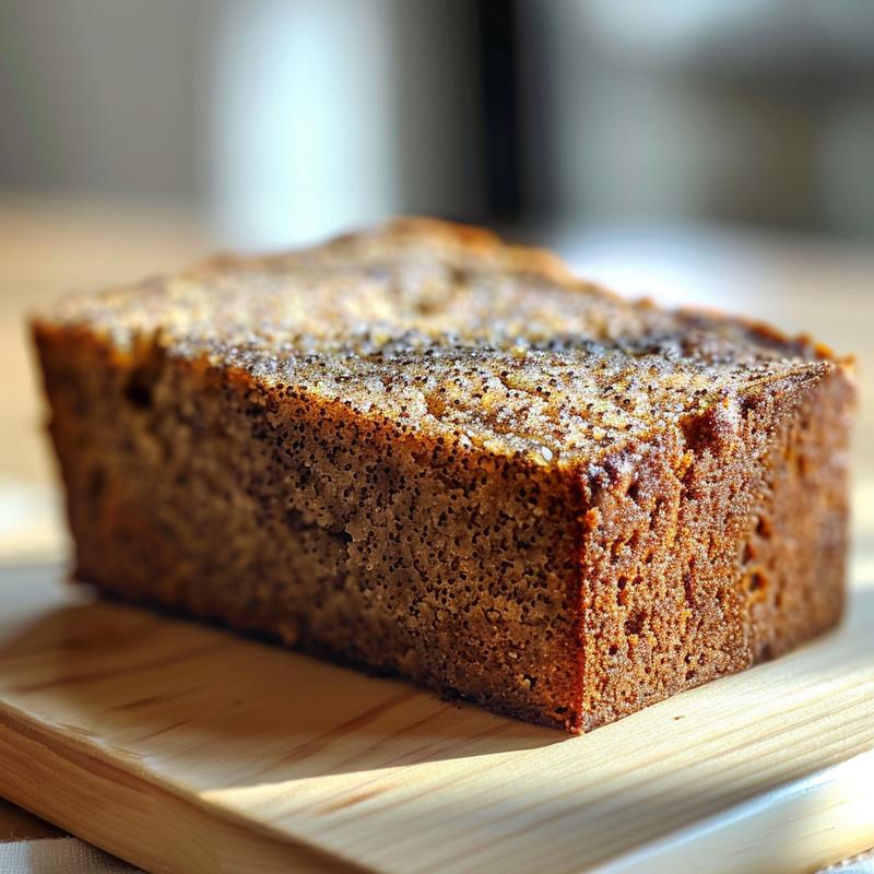 Close-up of a moist slice of vegan gluten-free banana bread on a wooden board.